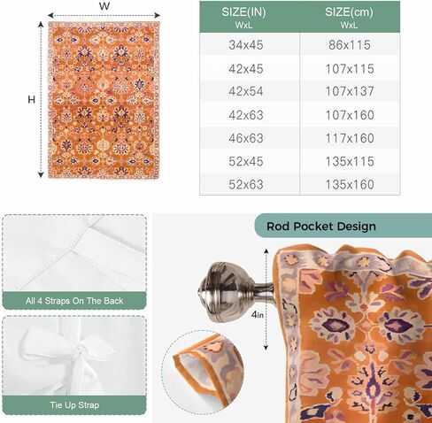 Boho Orange Tie Up Curtains for Window, Country Style Bohemian Floral Retro Tribal Thermal Insulated Balloon Shade Adjustable Rod Pocket Curtains Valance Panels for Kitchen Bathroom Café 42'' x 45'' in Saudi Arabia
