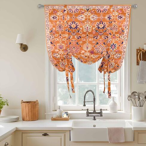Boho Orange Tie Up Curtains for Window, Country Style Bohemian Floral Retro Tribal Thermal Insulated Balloon Shade Adjustable Rod Pocket Curtains Valance Panels for Kitchen Bathroom Café 42'' x 45'' in Saudi Arabia