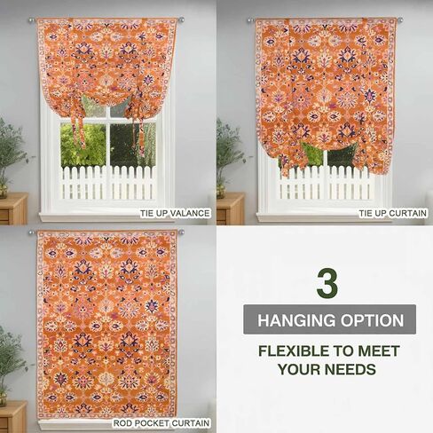 Boho Orange Tie Up Curtains for Window, Country Style Bohemian Floral Retro Tribal Thermal Insulated Balloon Shade Adjustable Rod Pocket Curtains Valance Panels for Kitchen Bathroom Café 42'' x 45'' in Saudi Arabia
