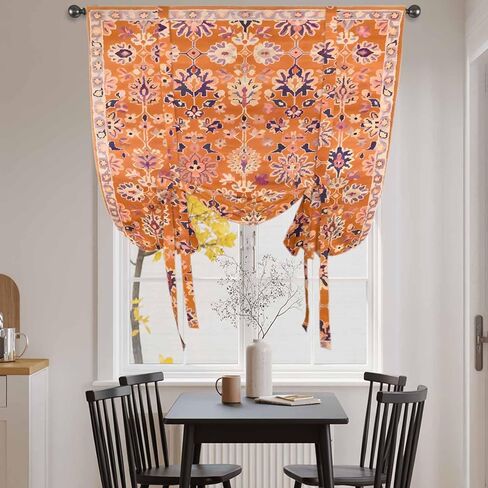 Boho Orange Tie Up Curtains for Window, Country Style Bohemian Floral Retro Tribal Thermal Insulated Balloon Shade Adjustable Rod Pocket Curtains Valance Panels for Kitchen Bathroom Café 42'' x 45'' in Saudi Arabia