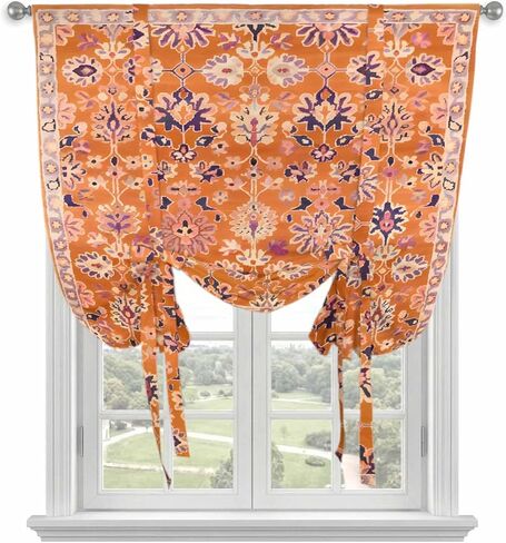 Boho Orange Tie Up Curtains for Window, Country Style Bohemian Floral Retro Tribal Thermal Insulated Balloon Shade Adjustable Rod Pocket Curtains Valance Panels for Kitchen Bathroom Café 42'' x 45'' in Saudi Arabia