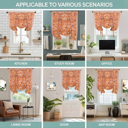 Boho Orange Tie Up Curtains for Window, Country Style Bohemian Floral Retro Tribal Thermal Insulated Balloon Shade Adjustable Rod Pocket Curtains Valance Panels for Kitchen Bathroom Café 42'' x 45'' in Saudi Arabia