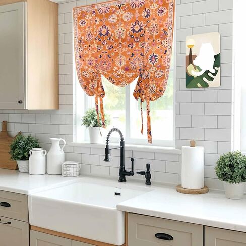 Boho Orange Tie Up Curtains for Window, Country Style Bohemian Floral Retro Tribal Thermal Insulated Balloon Shade Adjustable Rod Pocket Curtains Valance Panels for Kitchen Bathroom Café 42'' x 45'' in Saudi Arabia