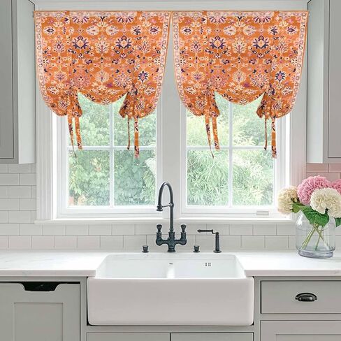 Boho Orange Tie Up Curtains for Window, Country Style Bohemian Floral Retro Tribal Thermal Insulated Balloon Shade Adjustable Rod Pocket Curtains Valance Panels for Kitchen Bathroom Café 42'' x 45'' in Saudi Arabia
