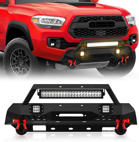 Stubby Front Bumper Compatible with 2016 2017 2018 2019 2020 2021 2022 2023 Toyota Tacoma 3rd Gen with Winch Plate, Skid Plate, 3 x LED Lights, Pre-drilled Holes for License Plate & D-rings in Kuwait