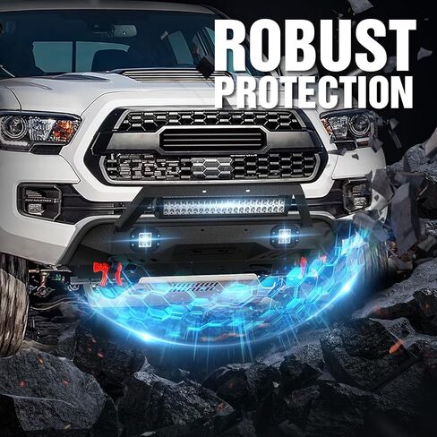 Stubby Front Bumper Compatible with 2016 2017 2018 2019 2020 2021 2022 2023 Toyota Tacoma 3rd Gen with Winch Plate, Skid Plate, 3 x LED Lights, Pre-drilled Holes for License Plate & D-rings in Kuwait