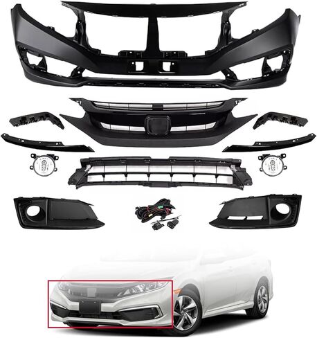 Front Bumper Cover Kit Fits 2019-2021 Hon-da Civic LX, EX, Sport, Touring Sedan Coupe 1.5L 2.0L W/Upper Grille Lower Grill & Fog Lights - Full Body Set in Kuwait