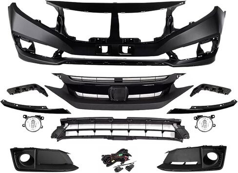 Front Bumper Cover Kit Fits 2019-2021 Hon-da Civic LX, EX, Sport, Touring Sedan Coupe 1.5L 2.0L W/Upper Grille Lower Grill & Fog Lights - Full Body Set in Kuwait