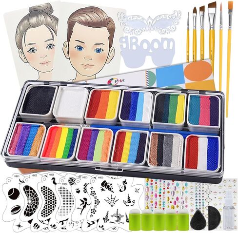 OPHIR 41 Colors Face Painting Kit Professional, 5.14 oz Water Based Face Paint Palette with 4 Face Painting Practice Boards, 10 Stencils, 4 Brushes, 2 Makeup Sponges, 2 DIY Gem Stickers, Spray Bottle in Kuwait