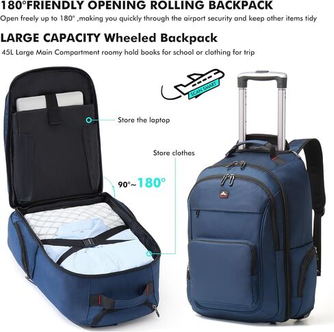 حقيبة ظهر متدحرجة للبالغين، حقيبة ظهر بعجلات للكمبيوتر المحمول مقاس 17.3 بوصة، حقيبة ظهر للسفر بعجلات، حقيبة حمل الأمتعة بعجلات الأعمال وحقيبة كمبيوتر للرجال والنساء باللون الأزرق in Kuwait