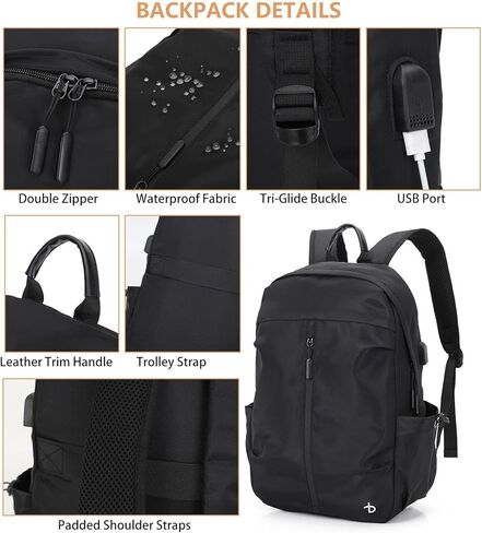 BESMART Black Waterproof Casual Backpack for Men/Women with USB Port&Trolley Sleeve,Lightweight College Backpacks Suitable for 15.6'' Laptop,Work Bag Commute Daypack for Travel/Sport/Outdoor/Hiking in Kuwait