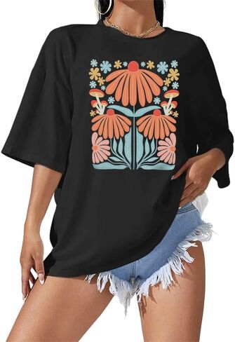 Oversized Floral Shirts for Women Flower Graphic Tees Vintage Flower T-Shirt Summer Plant Hiking Tops Black in Kuwait