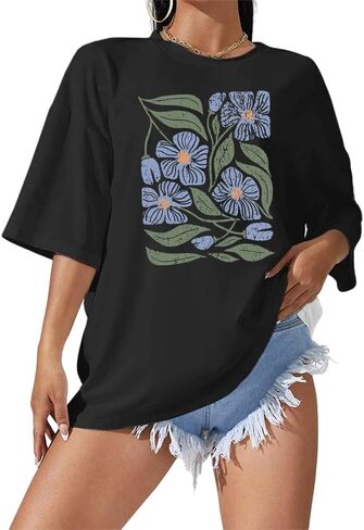 Oversized Floral Shirts for Women Flower Graphic Tees Vintage Flower T-Shirt Summer Plant Hiking Tops Black in Saudi Arabia