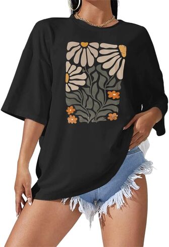 Oversized Floral Shirts for Women Flower Graphic Tees Vintage Flower T-Shirt Summer Plant Hiking Tops Black in Saudi Arabia