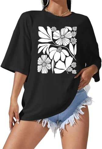 Oversized Floral Shirts for Women Flower Graphic Tees Vintage Flower T-Shirt Summer Plant Hiking Tops Black in Saudi Arabia