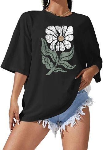 Oversized Floral Shirts for Women Flower Graphic Tees Vintage Flower T-Shirt Summer Plant Hiking Tops Black in Saudi Arabia