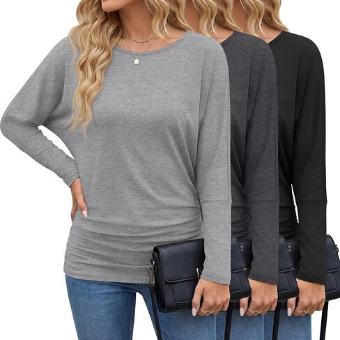 3 Pack Women's Dolman Sleeve Tops Casual Long Sleeve Flowy Side Ruched Shirts Round Neck Bat Wing Draped Basic Tee in Saudi Arabia