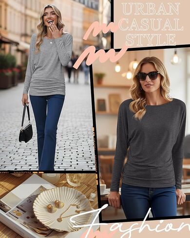3 Pack Women's Dolman Sleeve Tops Casual Long Sleeve Flowy Side Ruched Shirts Round Neck Bat Wing Draped Basic Tee in Saudi Arabia