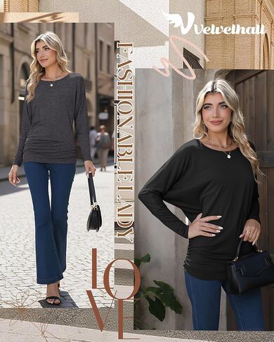 3 Pack Women's Dolman Sleeve Tops Casual Long Sleeve Flowy Side Ruched Shirts Round Neck Bat Wing Draped Basic Tee in Saudi Arabia