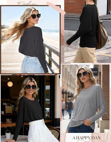 3 Pack Women's Dolman Sleeve Tops Casual Long Sleeve Flowy Side Ruched Shirts Round Neck Bat Wing Draped Basic Tee in Saudi Arabia