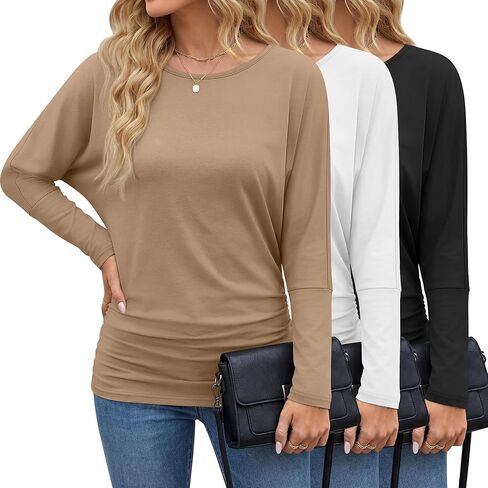 3 Pack Women's Dolman Sleeve Tops Casual Long Sleeve Flowy Side Ruched Shirts Round Neck Bat Wing Draped Basic Tee in Saudi Arabia