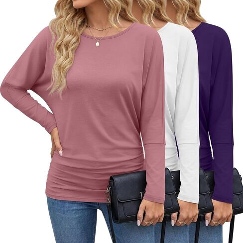 3 Pack Women's Dolman Sleeve Tops Casual Long Sleeve Flowy Side Ruched Shirts Round Neck Bat Wing Draped Basic Tee in Saudi Arabia