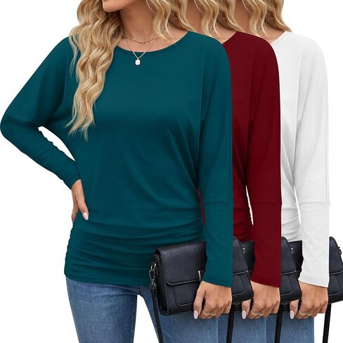 3 Pack Women's Dolman Sleeve Tops Casual Long Sleeve Flowy Side Ruched Shirts Round Neck Bat Wing Draped Basic Tee in Saudi Arabia
