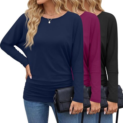 3 Pack Women's Dolman Sleeve Tops Casual Long Sleeve Flowy Side Ruched Shirts Round Neck Bat Wing Draped Basic Tee in Saudi Arabia