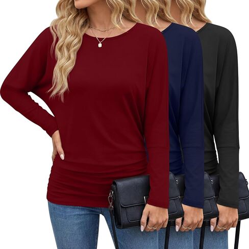 3 Pack Women's Dolman Sleeve Tops Casual Long Sleeve Flowy Side Ruched Shirts Round Neck Bat Wing Draped Basic Tee in Saudi Arabia