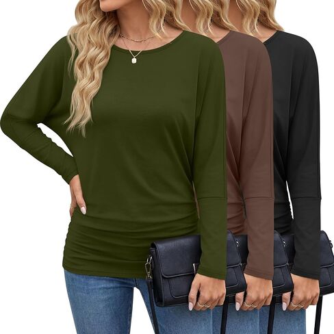 3 Pack Women's Dolman Sleeve Tops Casual Long Sleeve Flowy Side Ruched Shirts Round Neck Bat Wing Draped Basic Tee in Saudi Arabia