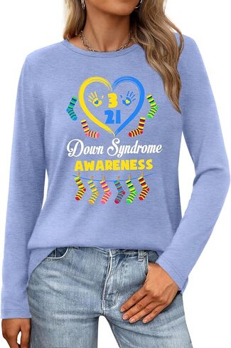 PECHAR Down Syndrome Awareness Shirts Women World Down Syndrome Day Tshirt Ribbon Inspirational Long Sleeve Tops in Saudi Arabia