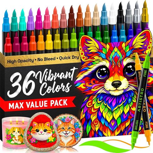 ARTISTRO 60 Acrylic Paint Markers - Paint Pens Dual Tip Brush + Fine Ideal for Calligraphy - Perfect for Fabric, Rock, Glass, Wood, DIY - Art Supplies, Stocking Stuffers, Christmas Gift Idea in Saudi Arabia