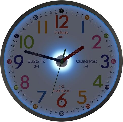 JoFomp Telling Time Teaching Clock, 12 Inch Illuminated Wall Clock for Kids Bedroom, LED Wall Clock Battery Operated, Silent Learning Clock for Kids, Teachers & Classroom, Light Sensor - Auto Lighting in Kuwait