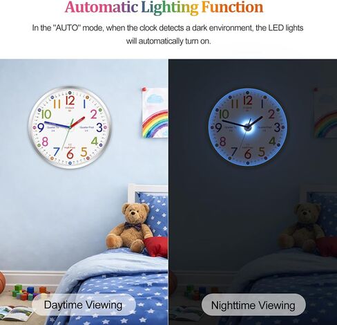 ساعة تعليم JoFomp Telling Time، ساعة حائط مضيئة مقاس 12 بوصة لغرفة نوم الأطفال، ساعة حائط LED تعمل بالبطارية، ساعة تعليمية صامتة للأطفال والمعلمين والفصول الدراسية، مستشعر الضوء - إضاءة تلقائية in Kuwait