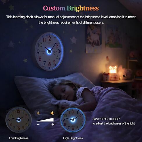 ساعة تعليم JoFomp Telling Time، ساعة حائط مضيئة مقاس 12 بوصة لغرفة نوم الأطفال، ساعة حائط LED تعمل بالبطارية، ساعة تعليمية صامتة للأطفال والمعلمين والفصول الدراسية، مستشعر الضوء - إضاءة تلقائية in Kuwait