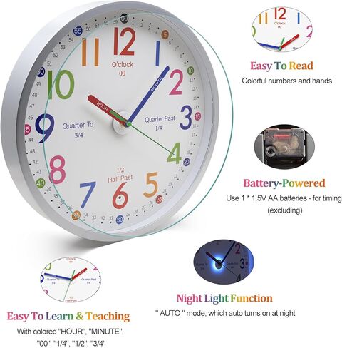 ساعة تعليم JoFomp Telling Time، ساعة حائط مضيئة مقاس 12 بوصة لغرفة نوم الأطفال، ساعة حائط LED تعمل بالبطارية، ساعة تعليمية صامتة للأطفال والمعلمين والفصول الدراسية، مستشعر الضوء - إضاءة تلقائية in Kuwait