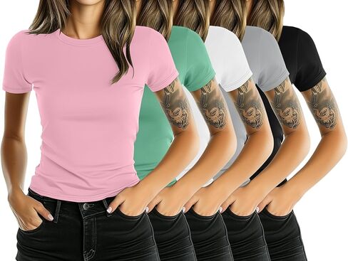 5 Pack Women's Short Sleeve T-Shirt Crew Neck Slim Fit Shirt Stretchy Tight Basic Going Out Tee Tops in Kuwait