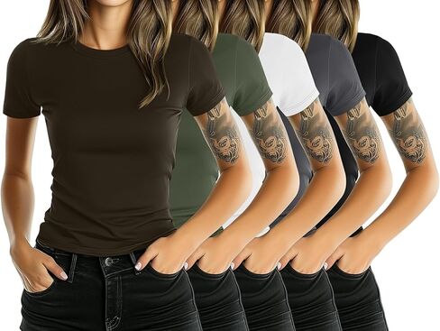 5 Pack Women's Short Sleeve T-Shirt Crew Neck Slim Fit Shirt Stretchy Tight Basic Going Out Tee Tops in Saudi Arabia