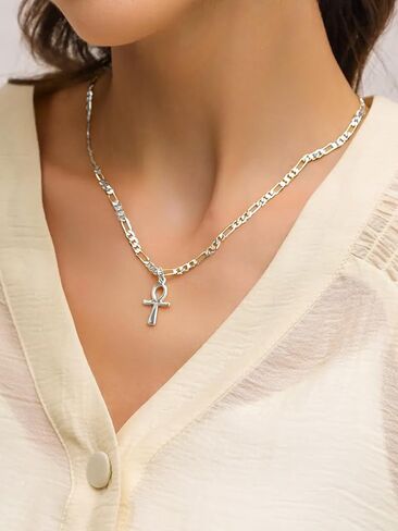 Dainty 925 Sterling Silver Gold Ankh Necklace for Women Men 18k Gold Plated Ankh Pendant Cross Necklace for Women Men with 3.6mm Flat Figaro Chain Necklaces Jewelry Gifts in Saudi Arabia
