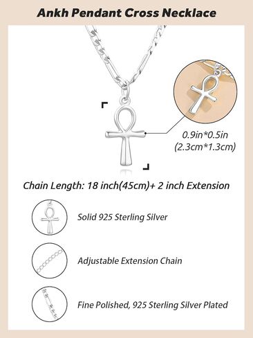 Dainty 925 Sterling Silver Gold Ankh Necklace for Women Men 18k Gold Plated Ankh Pendant Cross Necklace for Women Men with 3.6mm Flat Figaro Chain Necklaces Jewelry Gifts in Saudi Arabia