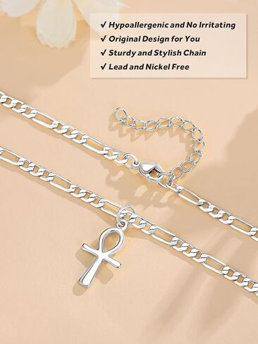 Dainty 925 Sterling Silver Gold Ankh Necklace for Women Men 18k Gold Plated Ankh Pendant Cross Necklace for Women Men with 3.6mm Flat Figaro Chain Necklaces Jewelry Gifts in Saudi Arabia