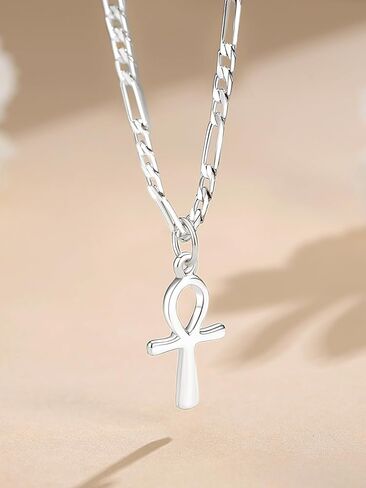 Dainty 925 Sterling Silver Gold Ankh Necklace for Women Men 18k Gold Plated Ankh Pendant Cross Necklace for Women Men with 3.6mm Flat Figaro Chain Necklaces Jewelry Gifts in Saudi Arabia
