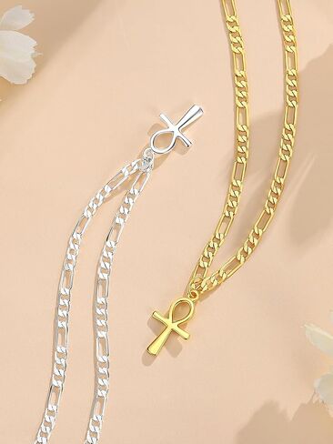 Dainty 925 Sterling Silver Gold Ankh Necklace for Women Men 18k Gold Plated Ankh Pendant Cross Necklace for Women Men with 3.6mm Flat Figaro Chain Necklaces Jewelry Gifts in Saudi Arabia