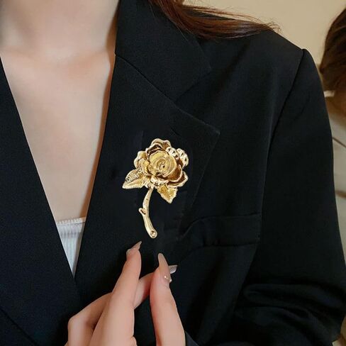 Vintage Rose Flower Metal Brooch Pin for Women Men Wedding Party Dance Gold-Tone Plated Blossom Floral Lapel Pins Elegant Coat Clip for Sweater Dress Scarf Corsage Bouquet Accessories Mother Jewelry in Saudi Arabia