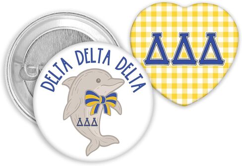 Delta Delta Delta Button Set, Tri Delta Sorority Spirit Bundle with Dolphin Design & Yellow Gingham Heart Letters, 2-Piece Bid Day Gift for Big Little in Kuwait