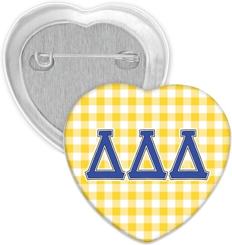 Delta Delta Delta Button Set, Tri Delta Sorority Spirit Bundle with Dolphin Design & Yellow Gingham Heart Letters, 2-Piece Bid Day Gift for Big Little in Kuwait