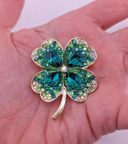Lucky 4-Leaf Clover Crystal Brooch green & AB iridescent glass rhinestone St. Patrick's Day Shamrock good luck pin in Saudi Arabia