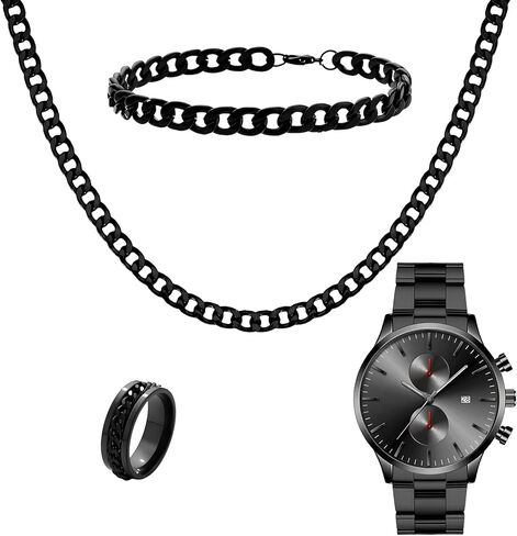 NEWITIN 4 Pieces Black Jewelry Set for Men Stainless Steel Watch Necklace Bracelet Ring Fashion Black Wristwatch Cuban Link Chain Cuban Jewelry Set for Men in Saudi Arabia