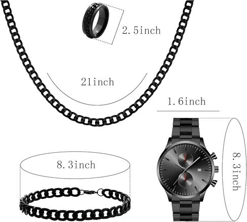 NEWITIN 4 Pieces Black Jewelry Set for Men Stainless Steel Watch Necklace Bracelet Ring Fashion Black Wristwatch Cuban Link Chain Cuban Jewelry Set for Men in Saudi Arabia