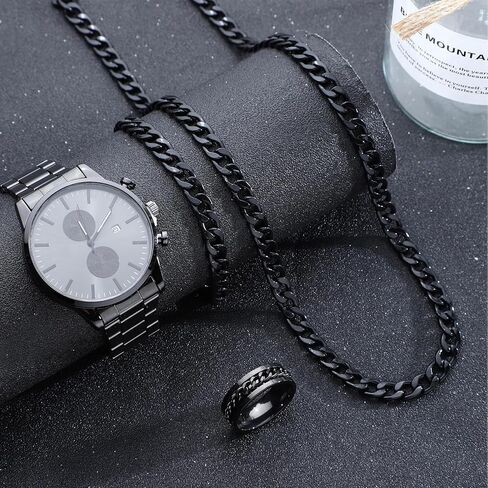 NEWITIN 4 Pieces Black Jewelry Set for Men Stainless Steel Watch Necklace Bracelet Ring Fashion Black Wristwatch Cuban Link Chain Cuban Jewelry Set for Men in Saudi Arabia